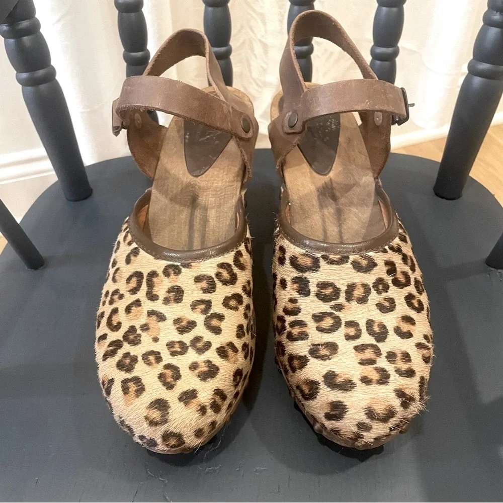 Sanita Calf Hair Animal Hair Leopard Sling Back Clogs Size 38